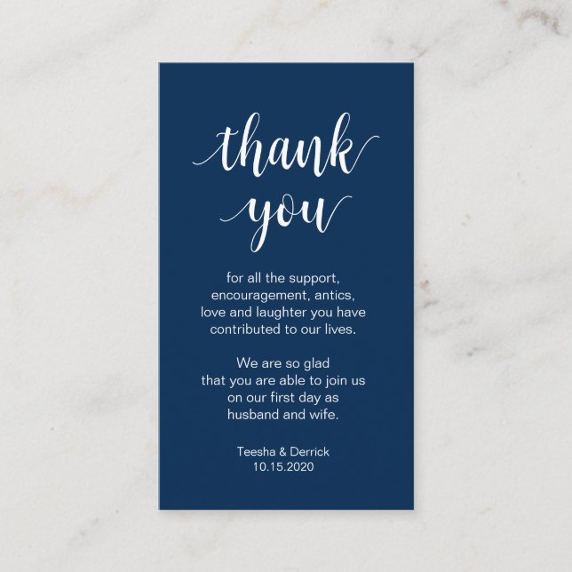 Hochzeit Danke, Moderne Navy Blue Script Begleitkarte (Vorderseite)