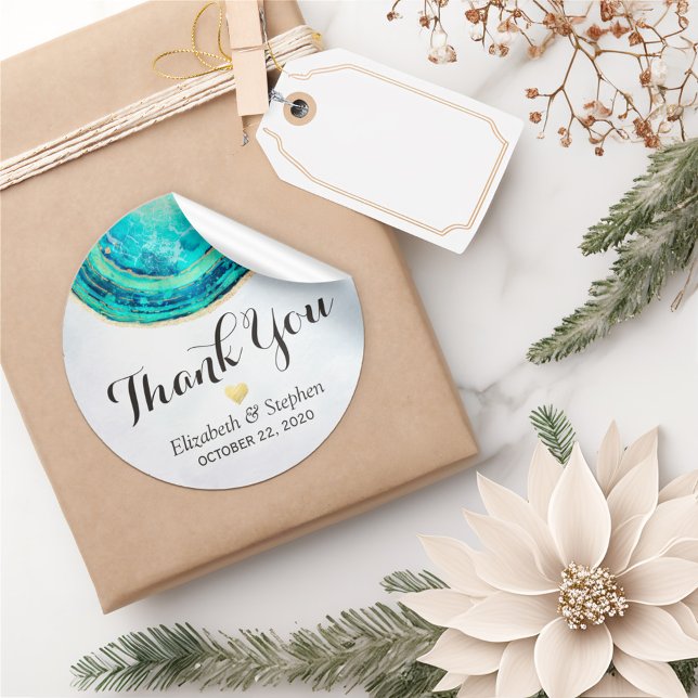 Hochzeit Danke, Watercolor Aquamarin Gold Agate Ge Runder Aufkleber (Von Creator hochgeladen)