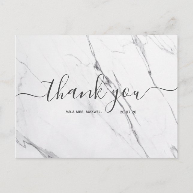 Hochzeit Danke | White Marble Script Postcard Postkarte (Vorderseite)