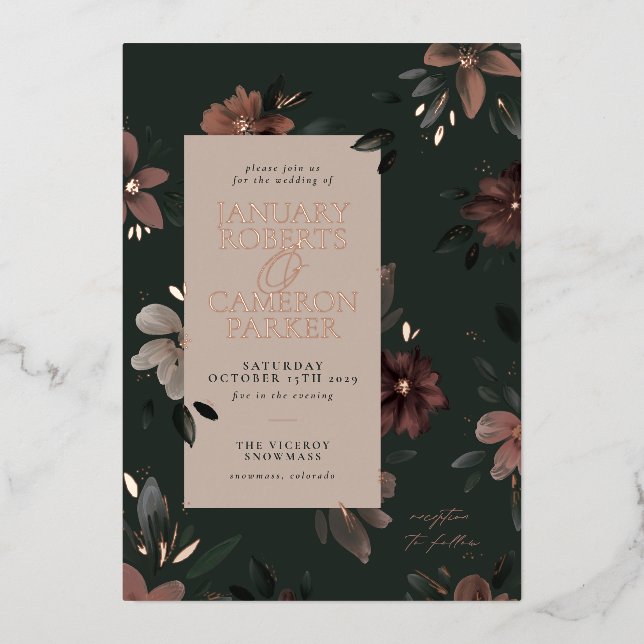 Hochzeit der bezauberten dunkelgrünen Blüte Folieneinladung (Vorderseite)