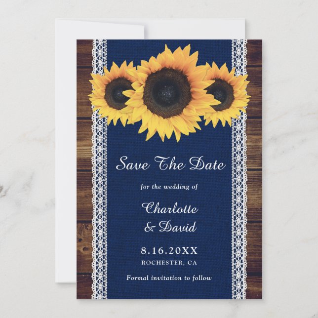 Hochzeit der Blaublauen Sonnenblume aus Holz Save The Date (Vorderseite)
