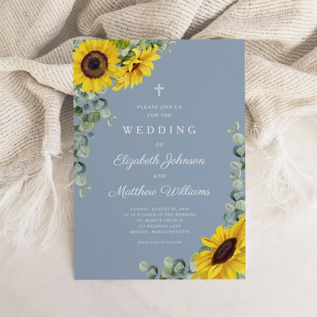 Hochzeit der Blauen Blütenblume Einladung (Religious Dusty Blue Floral Sunflower Wedding Invitation)