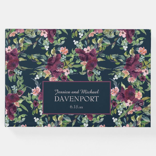 Hochzeit der Blauen Burgund Blush Pink Floral Gästebuch (Vorderseite)