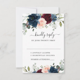 Hochzeit der Blauen Burgund Blush Pink Floral RSVP Karte