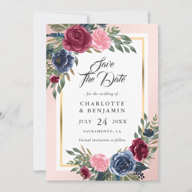 Hochzeit der Blauen Burgund Blush Pink Floral Save The Date (Vorderseite)