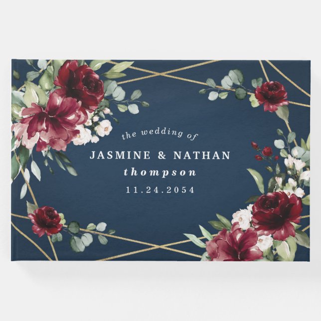 Hochzeit der Blauen Burgund Blush Pink Gold Floral Gästebuch (Vorderseite)