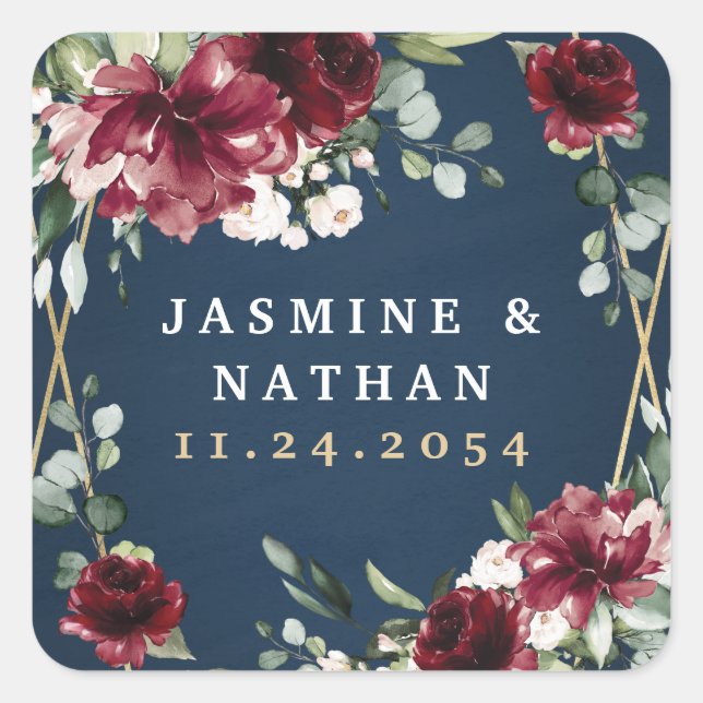 Hochzeit der Blauen Burgund Blush Pink Gold Floral Quadratischer Aufkleber (Vorderseite)