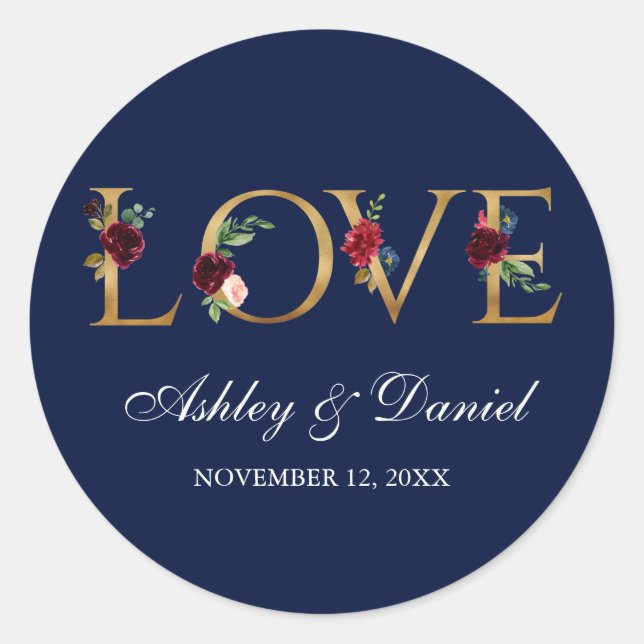Hochzeit der Blauen Burgunder Blütengoldblume Lieb Runder Aufkleber (Vorderseite)
