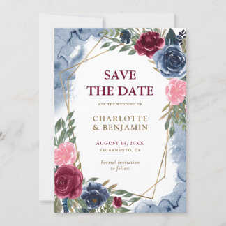 Hochzeit der Blauen Burgundy Gold Geometric Floral Ankündigung