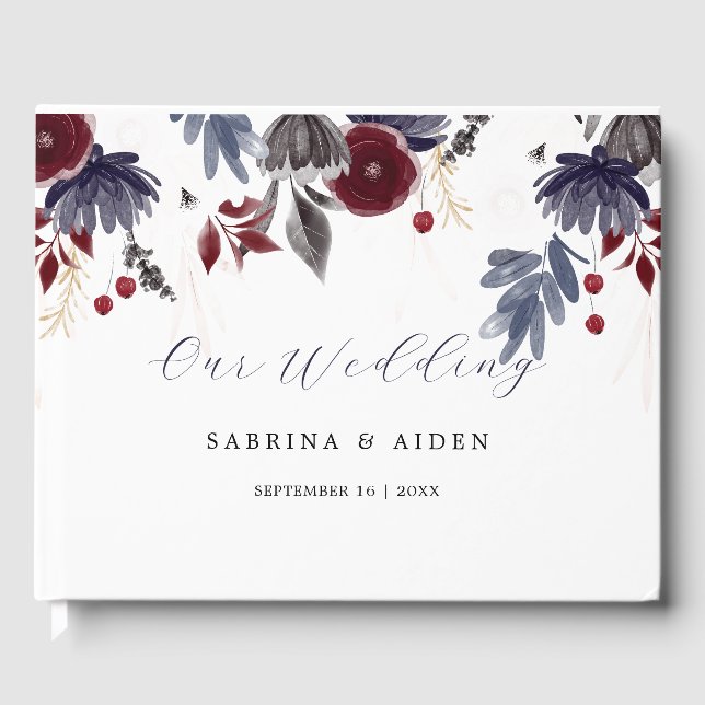 Hochzeit der Blauen Burgundy Rot Gothic Gästebuch (Vorderseite)