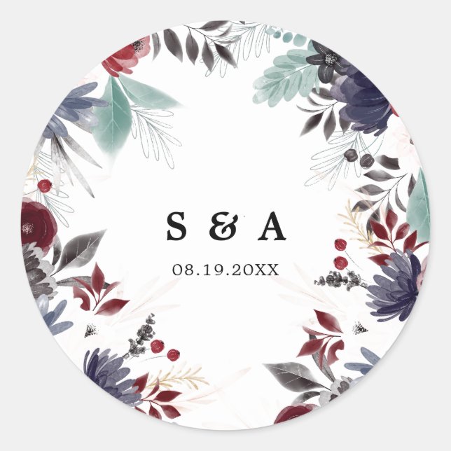 Hochzeit der Blauen Burgundy Rot Gothic Runder Aufkleber (Vorderseite)