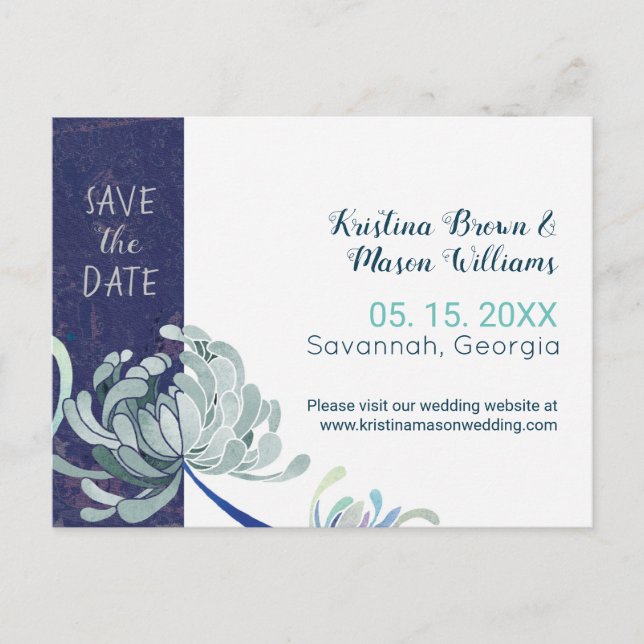 Hochzeit der blauen Navy-Floral Save the Date Postkarte (Vorderseite)