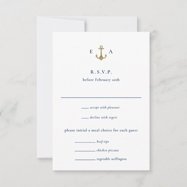 Hochzeit der blauen und goldenen Ankerküste RSVP Karte (Vorderseite)