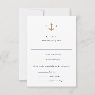 Hochzeit der blauen und goldenen Ankerküste RSVP Karte
