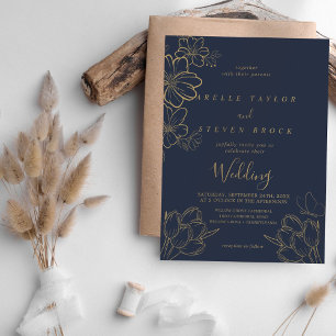 Hochzeit der Blauen und goldenen Blütenschmetterli Einladung