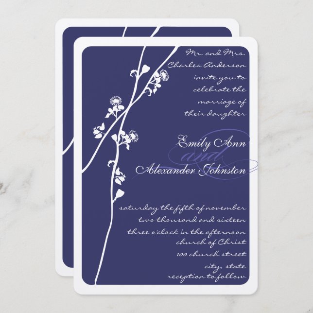 Hochzeit der Blauen Zweigstelle in Elegant Einladung (Vorne/Hinten)