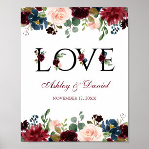 Hochzeit der Blue Floral Liebe Watercolor Burgundy Poster