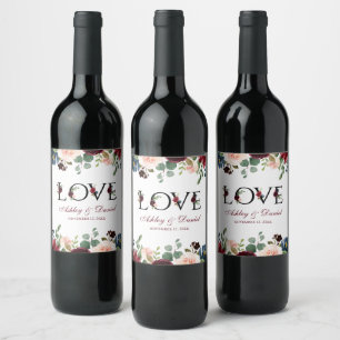 Hochzeit der Blue Floral Liebe Watercolor Burgundy Weinetikett
