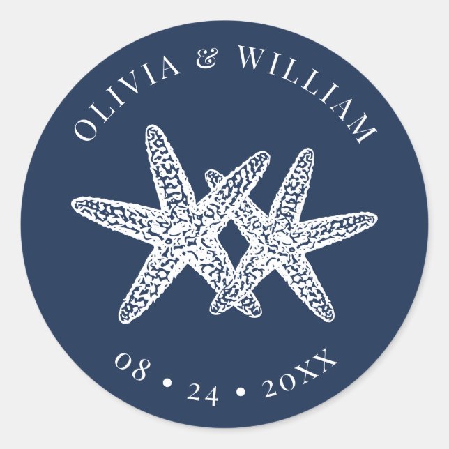 Hochzeit der Blue Starfish Beach Coastal Runder Aufkleber (Vorderseite)