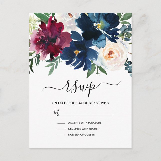 Hochzeit der Blume der Watercolor Burgundy Navy Einladungspostkarte (Vorderseite)