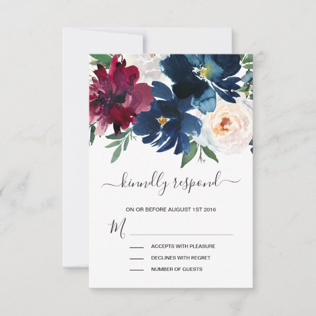 Hochzeit der Blume der Watercolor Burgundy Navy RSVP Karte (Vorderseite)