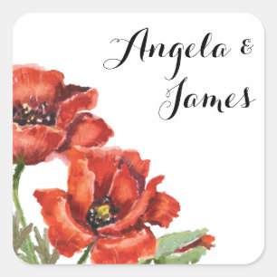Hochzeit der Blume Watercolor Rot und Grün Mohnblu Quadratischer Aufkleber