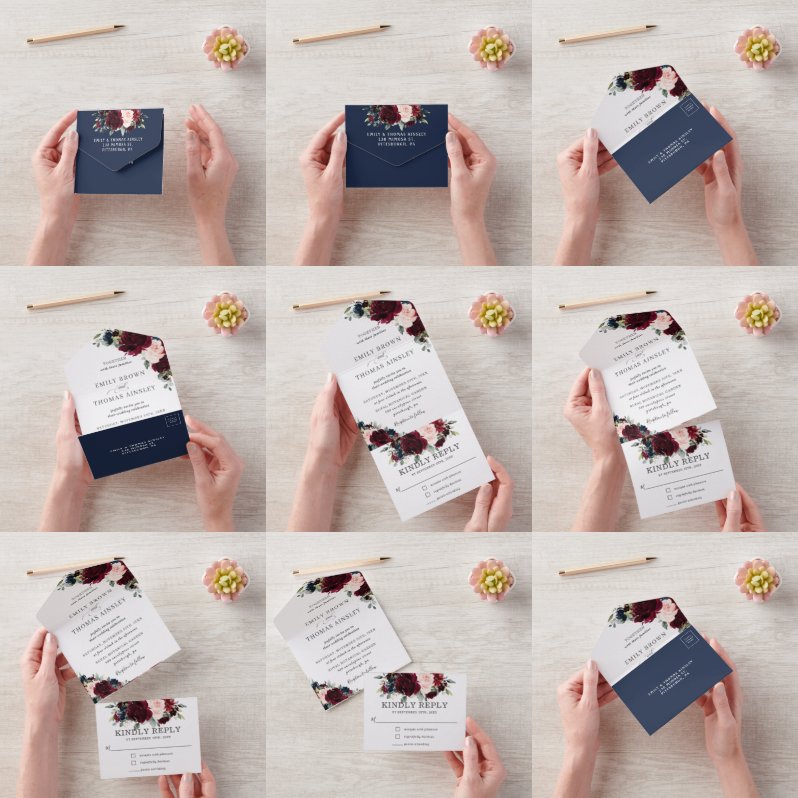 Hochzeit der Blush Navy Bloral Greenerity All In One Einladung