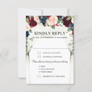 Hochzeit der Blush Navy Blumengestelle in Burgund RSVP Karte