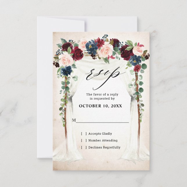Hochzeit der Blush Navy Blumengestelle in Burgund RSVP Karte (Vorderseite)