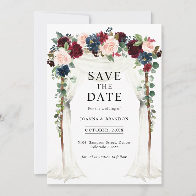 Hochzeit der Blush Navy Blumengestelle in Burgund Save The Date (Vorderseite)