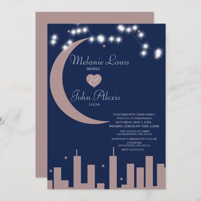 Hochzeit der Blush Rose Navy Nightime Skyline Einladung (Vorne/Hinten)
