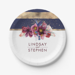 Hochzeit der Burgunder Marine und Gold Floral Stri Pappteller