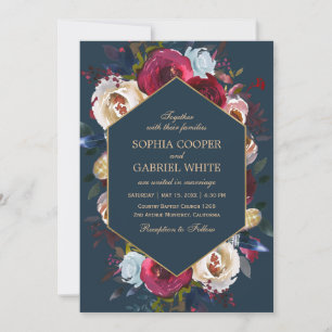 Hochzeit der burgundischen Marine und Peach Floral Einladung