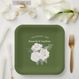 Hochzeit der eleganten Army Green und White Roses Pappteller