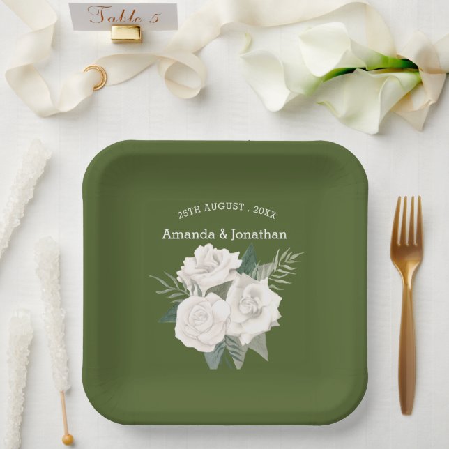 Hochzeit der eleganten Army Green und White Roses Pappteller (Hochzeit)