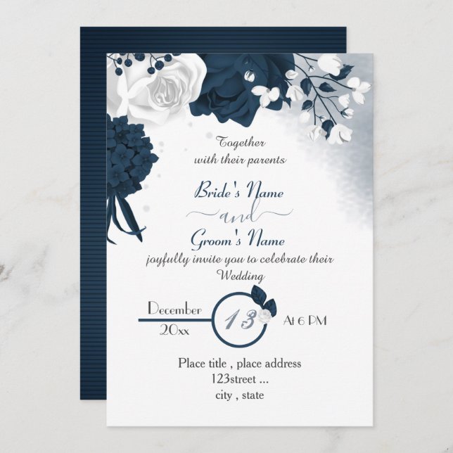 Hochzeit der eleganten marineblauen Blume Einladung (Vorne/Hinten)