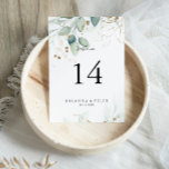 Hochzeit der Eukalyptus-Goldkalligrafie Tischnummer<br><div class="desc">Diese goldene eukalyptuskalligraphische Hochzeitsfeier ist perfekt für eine rustikale Hochzeit. Dieses künstlerische Design mit handgezeichnet Aquarellgold und grünem Blattwerk inspiriere natürliche Schönheit. Das ist eine zweiseitige Tischnummer. Fügen Sie jede benötigte Tischnummer individuell in Ihren Warenkorb.</div>