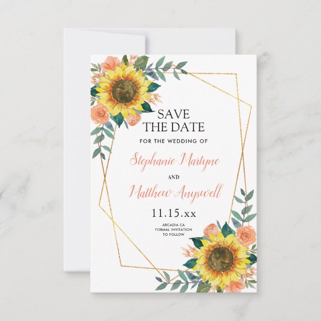Hochzeit der geometrischen Sonnenblumen-Rose Save The Date (Vorderseite)