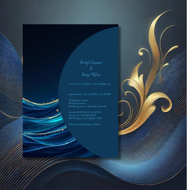 Hochzeit der Golden Accented Abstrakt Ocean Waves Einladung (Von Creator hochgeladen)