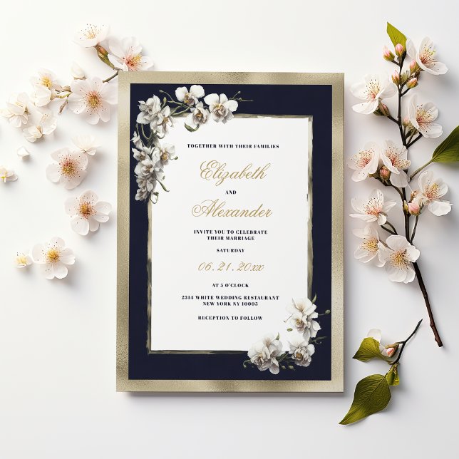 Hochzeit der Goldmedaille-Blume Einladung (Luxury gold navy blue white orchid flower wedding )