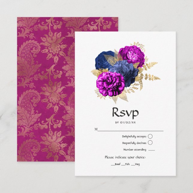 Hochzeit der Magenta Navy und Gold Floral RSVP Karte (Vorne/Hinten)