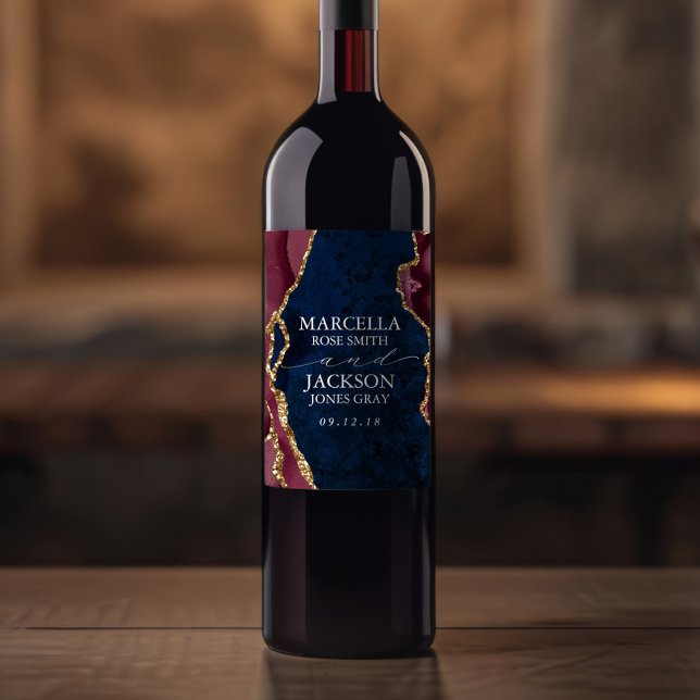 Hochzeit der Marine, Burgund & Gold Agate Weinetikett (Von Creator hochgeladen)