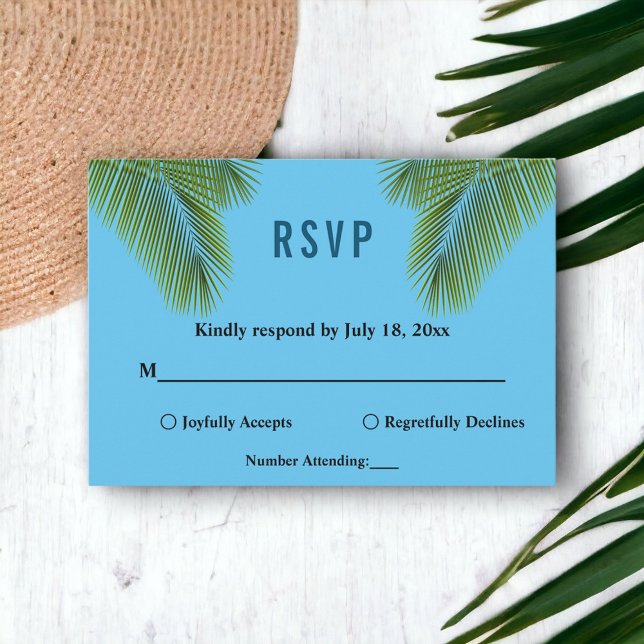 Hochzeit der Marine Tropical Palm Blue Beach Coast RSVP Karte (Von Creator hochgeladen)