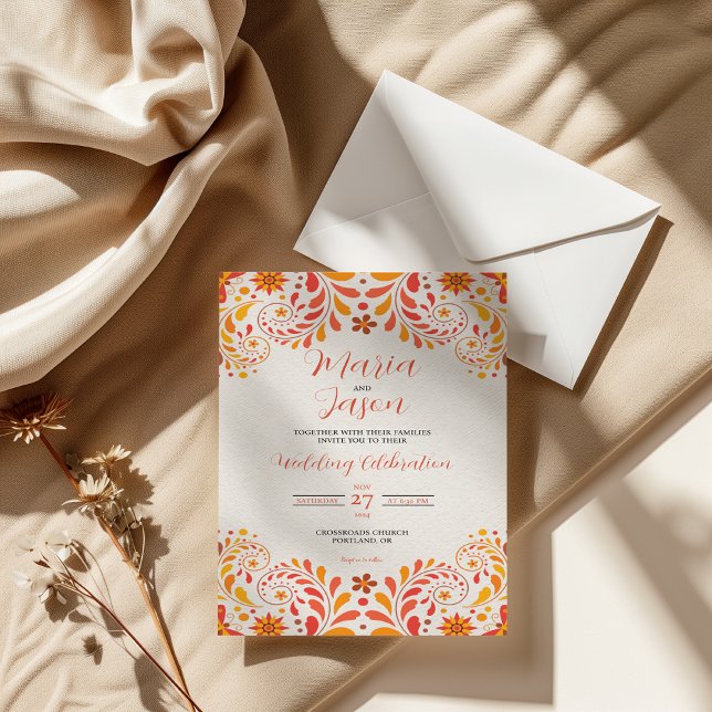 Hochzeit der mexikanischen Orangen Rotblütenblume Einladung (Mexican Orange Red Yellow Butterfly Floral Wedding Invitation)