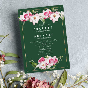 Hochzeit der Modernen Forest Green Pink Gold Flora Einladung