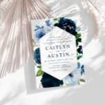 Hochzeit der modernen Marine & der hellblauen Blum Einladung<br><div class="desc">Blumendesign mit bearbeitbarem blauen Text und Aquarellblumen & hellblauen Blumen.</div>