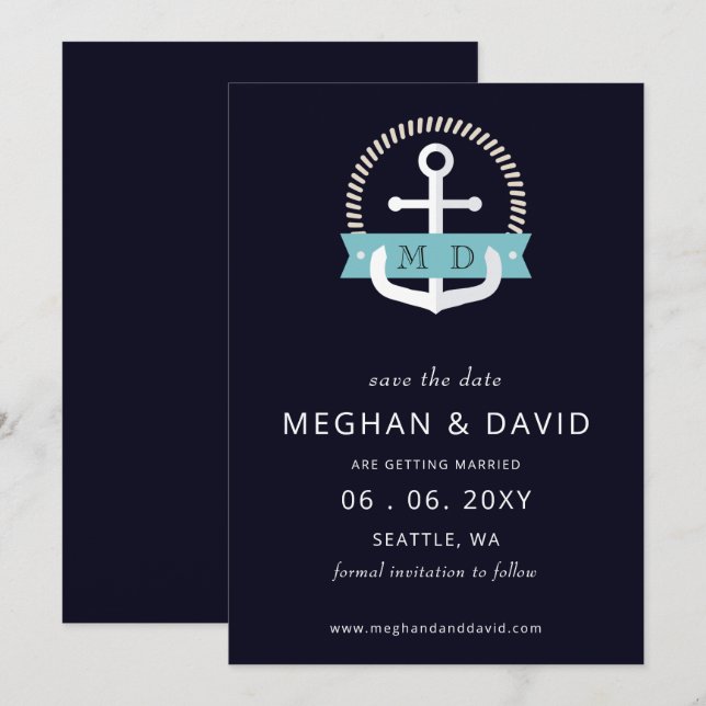 Hochzeit der modernen Navy-Anchor-Nautical-Monogra Save The Date (Vorne/Hinten)