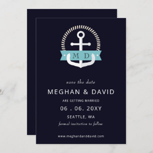 Hochzeit der modernen Navy-Anchor-Nautical-Monogra Save The Date