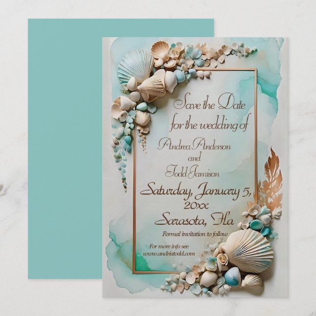 Hochzeit der Muschel am aquamarinen Meer Save The Date (Vorne/Hinten)
