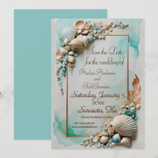 Hochzeit der Muschel am aquamarinen Meer Save The Date